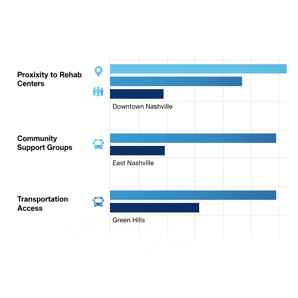 Horizontal bar chart comparing alcohol rehab access across three Nashville neighborhoods: Downtown, East, and Green Hills, by proximity, support groups, and transportation.