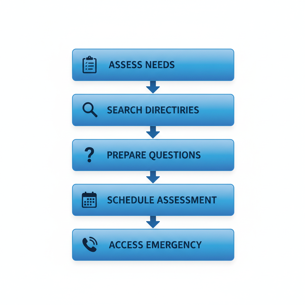 Vertical process flow diagram illustrating five steps to begin alcohol rehab recovery in Nashville with icons