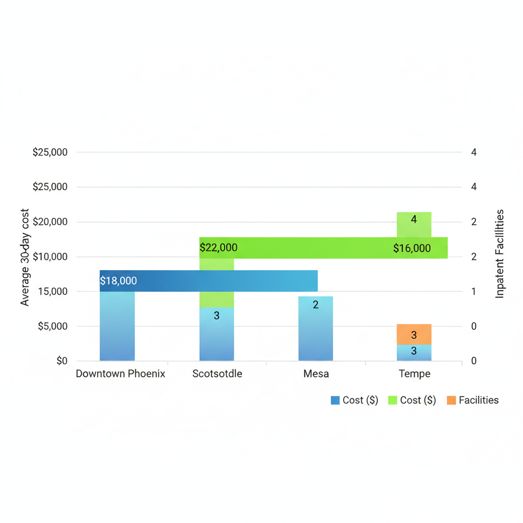 Bar chart comparing average 30-day rehab costs and inpatient facility counts across Phoenix neighborhoods: Downtown Phoenix, Scottsdale, Mesa, Tempe.