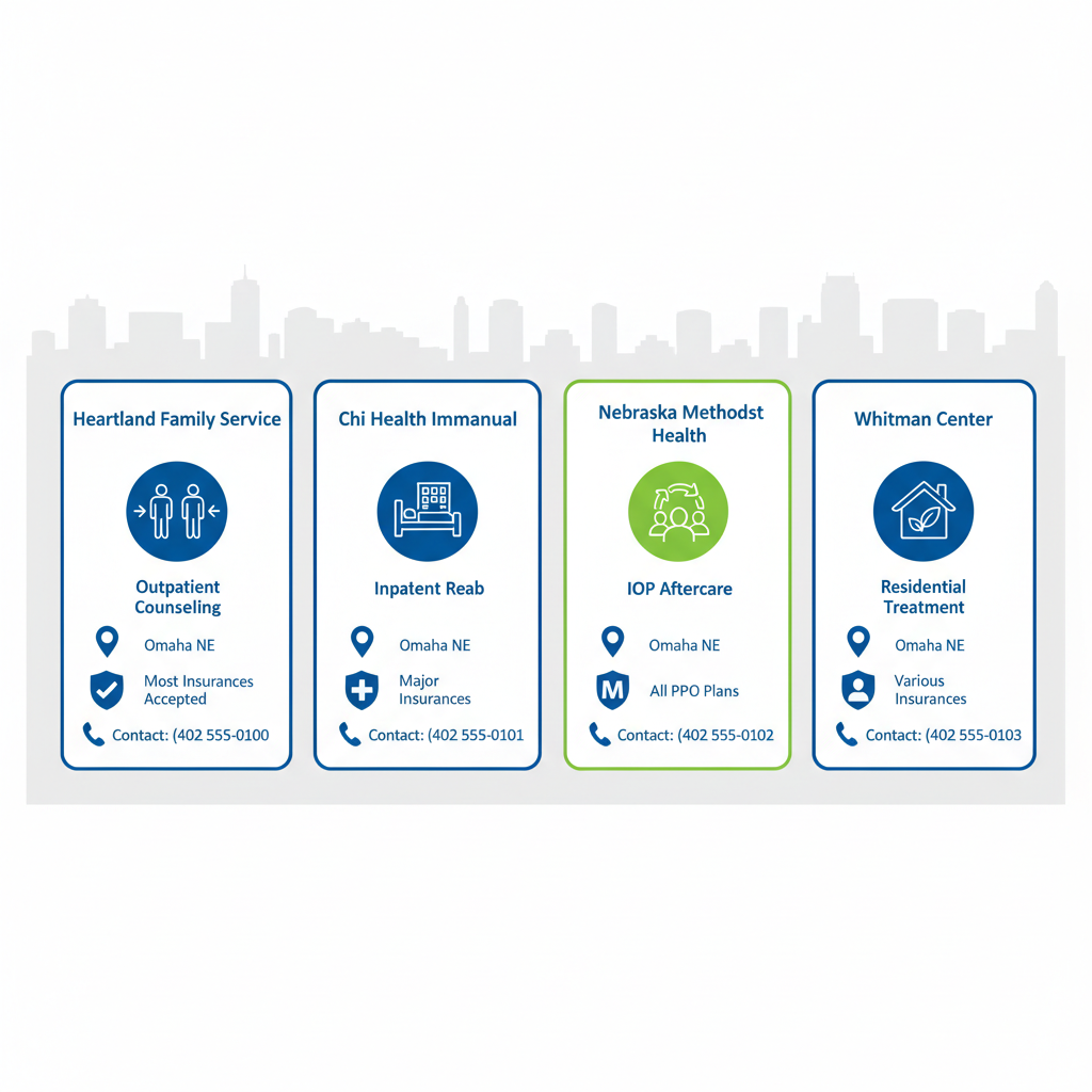 Infographic comparing top alcohol rehab providers in Omaha with icons for services, locations, insurance, and contacts