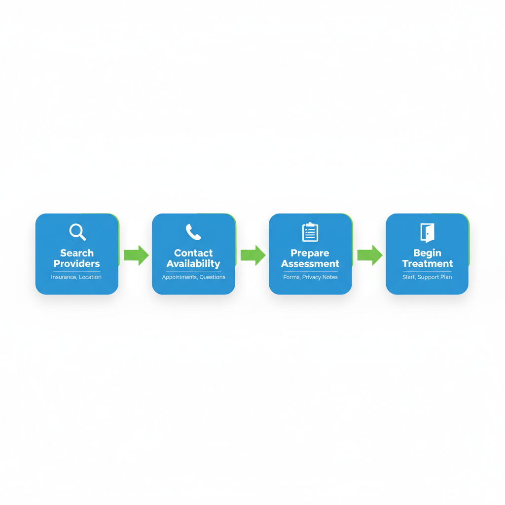 Horizontal process flow diagram illustrating four key steps to begin alcohol rehab in Omaha with icons and minimal labels
