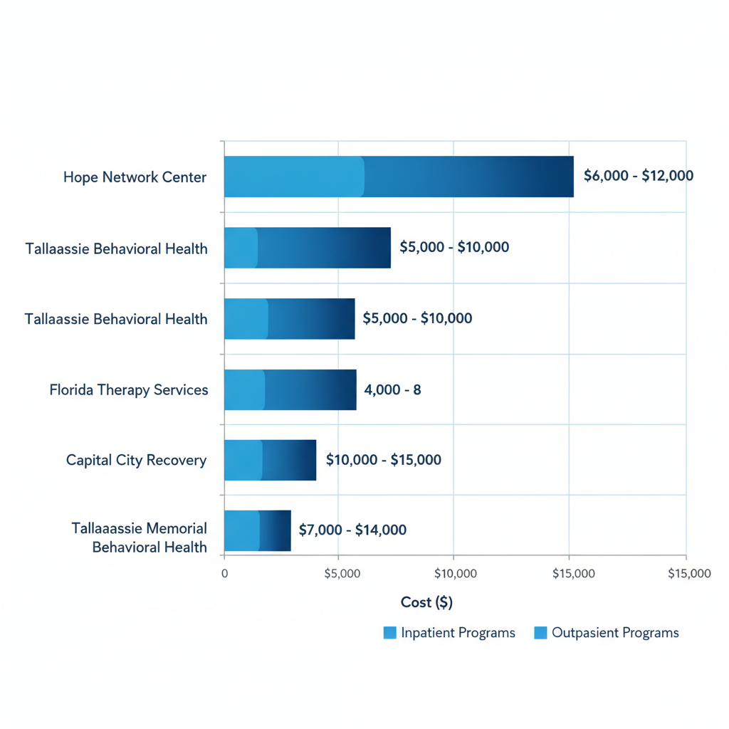 Horizontal bar chart showing cost ranges for drug rehab centers in Tallahassee, Florida, with five centers compared on a scale from $0 to $15,000.