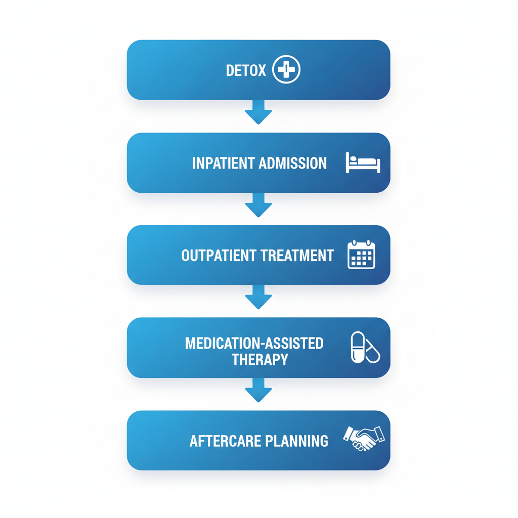 Vertical process flow diagram outlining five key stages of drug rehab services in Tallahassee: Detox, Inpatient Admission, Outpatient Treatment, Medication-Assisted Therapy, and Aftercare Planning