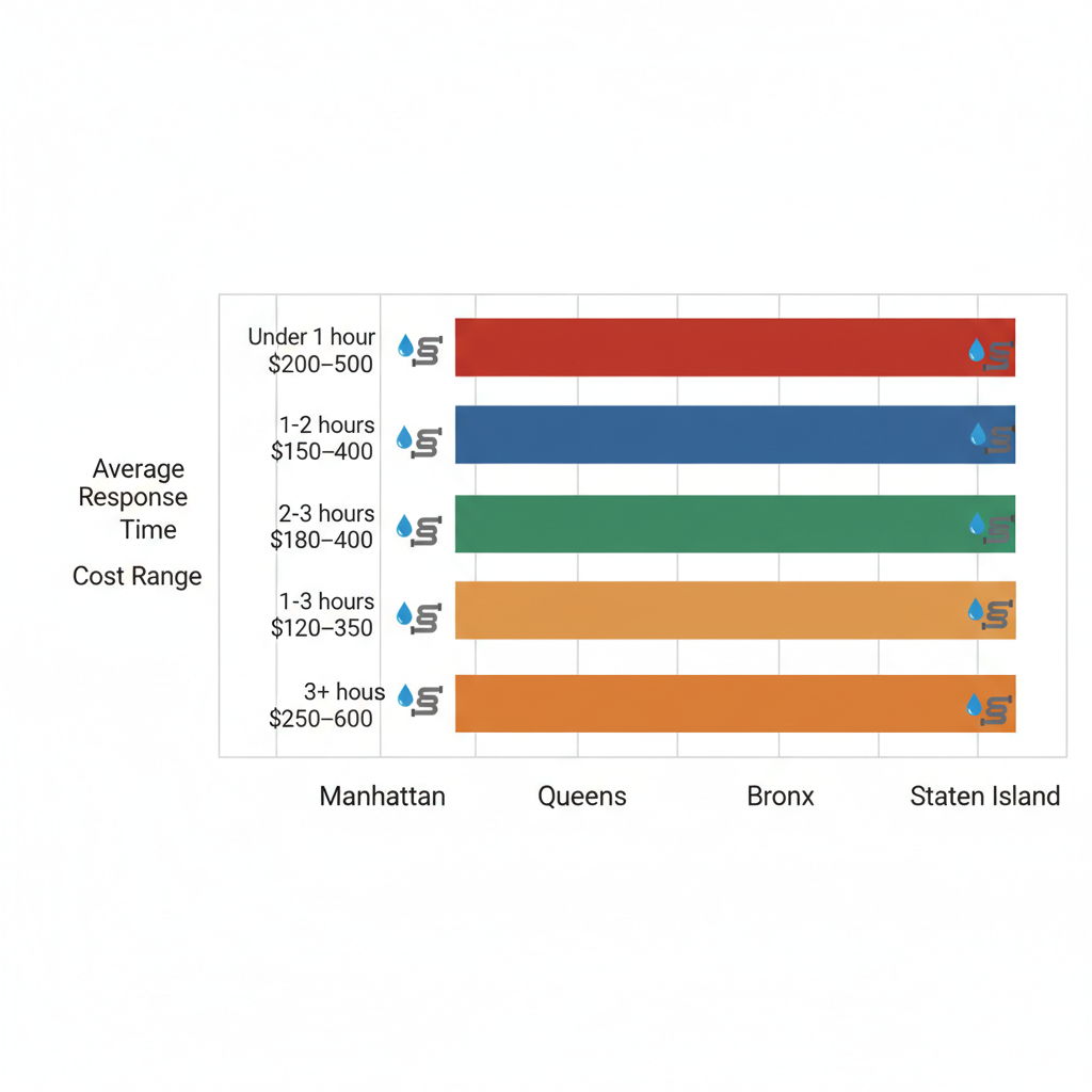 Horizontal bar chart comparing average response times and cost ranges for plumbing services in New York City boroughs with issue icons