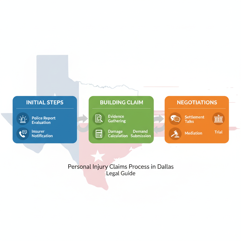 Horizontal process flow diagram illustrating three main stages of a personal injury claim in Dallas with icons and connecting arrows.