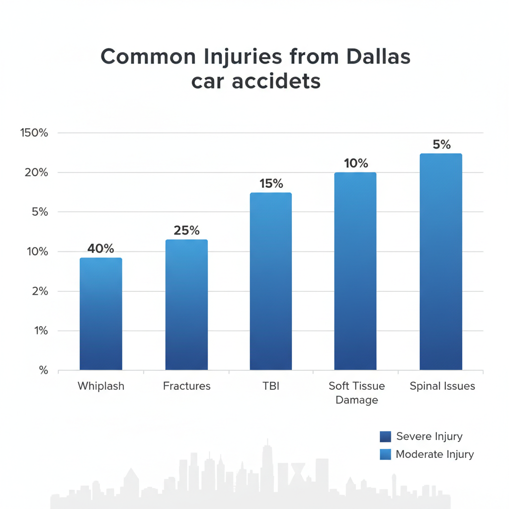 Bar chart showing common injury types and incidence rates from Dallas car accidents