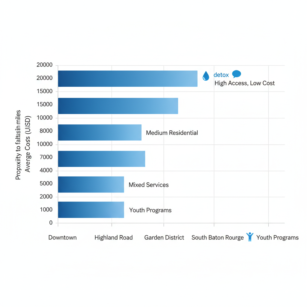 Bar chart comparing proximity to addiction treatment facilities and average costs across Baton Rouge neighborhoods including Downtown, Highland Road, Garden District, and South Baton Rouge