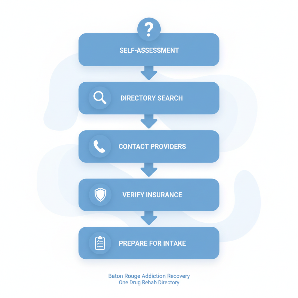 Vertical process flow diagram showing five steps to start addiction recovery in Baton Rouge