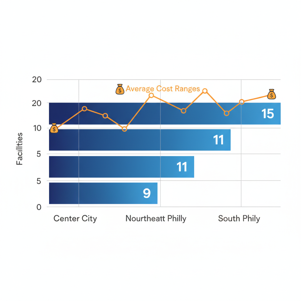 Horizontal bar chart illustrating distribution of rehab facilities across Philadelphia neighborhoods with facility counts and cost overlays