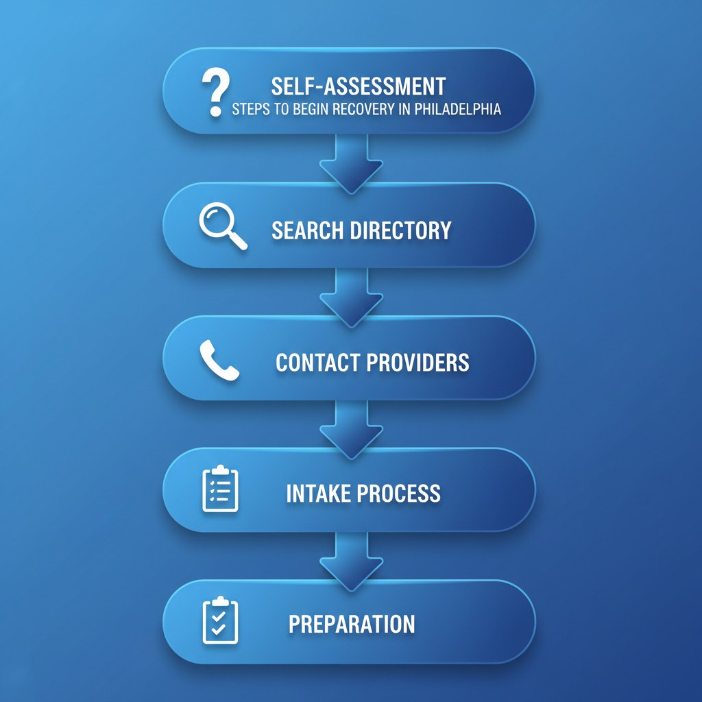 Vertical process flow diagram illustrating five steps to start drug rehab in Philadelphia: self-assessment, search directory, contact providers, intake process, and preparation.