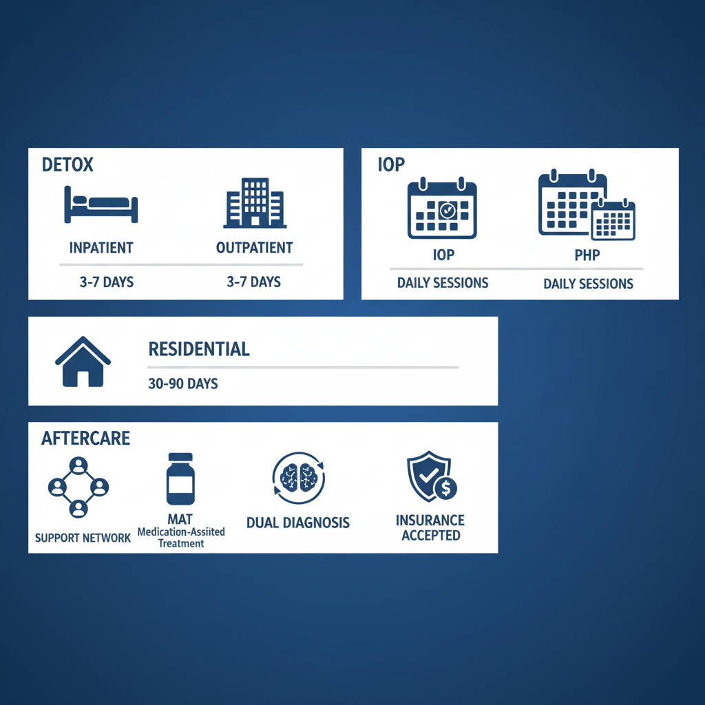 Infographic showing levels of addiction treatment services in Philadelphia including detox, residential, IOP, PHP, and aftercare with icons for dual diagnosis and insurance.