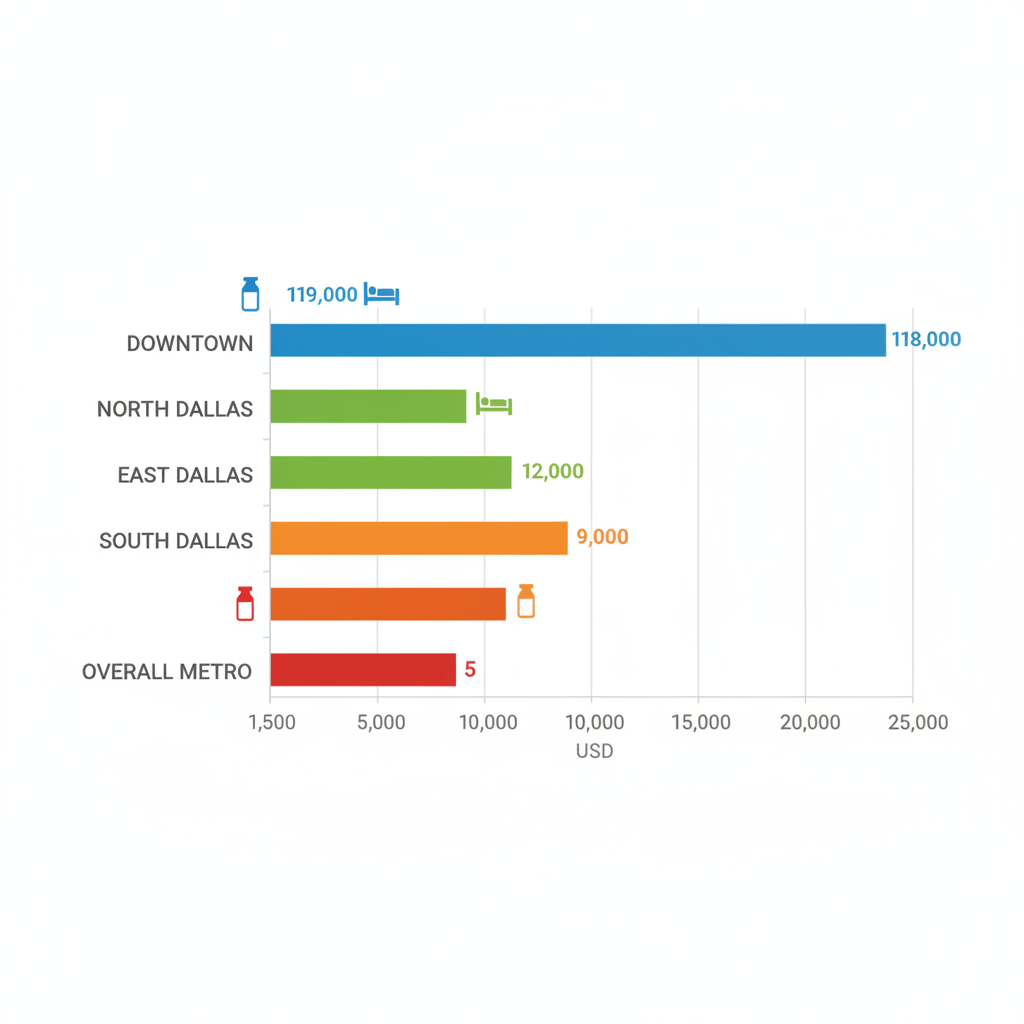 Horizontal bar chart comparing addiction treatment costs in Dallas neighborhoods: Downtown, North Dallas, East Dallas, South Dallas, and Overall Metro, with icons for detox and inpatient services.