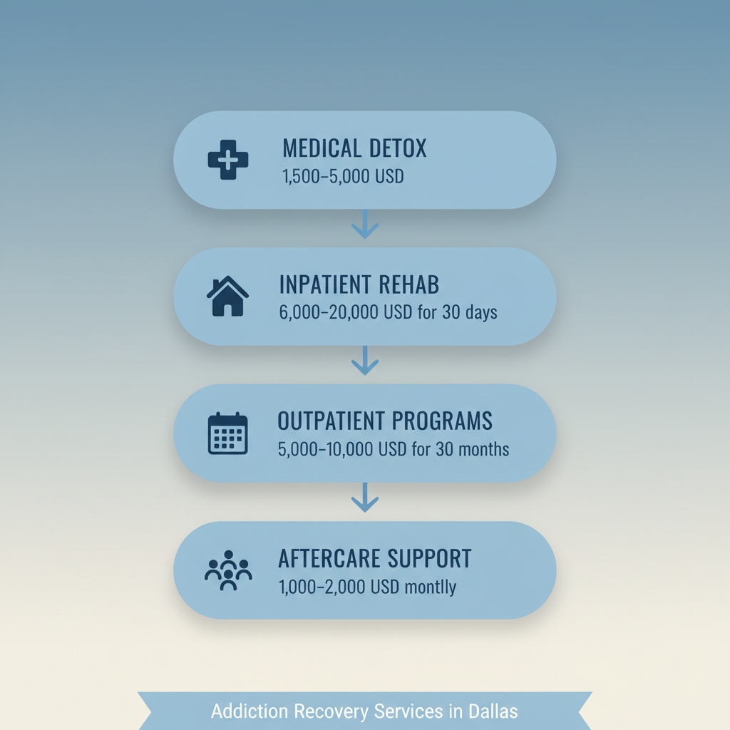 Vertical process flow illustrating addiction recovery stages in Dallas: detox, inpatient rehab, outpatient programs, and aftercare support with cost estimates.