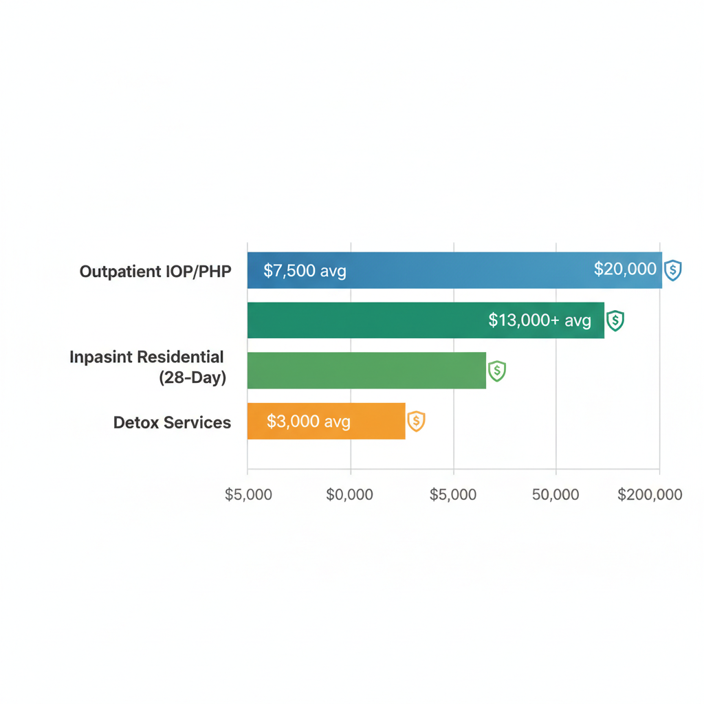 Horizontal bar chart comparing cost ranges for outpatient, inpatient residential, and detox addiction treatment options in Pittsburgh, with average cost labels and insurance notes.