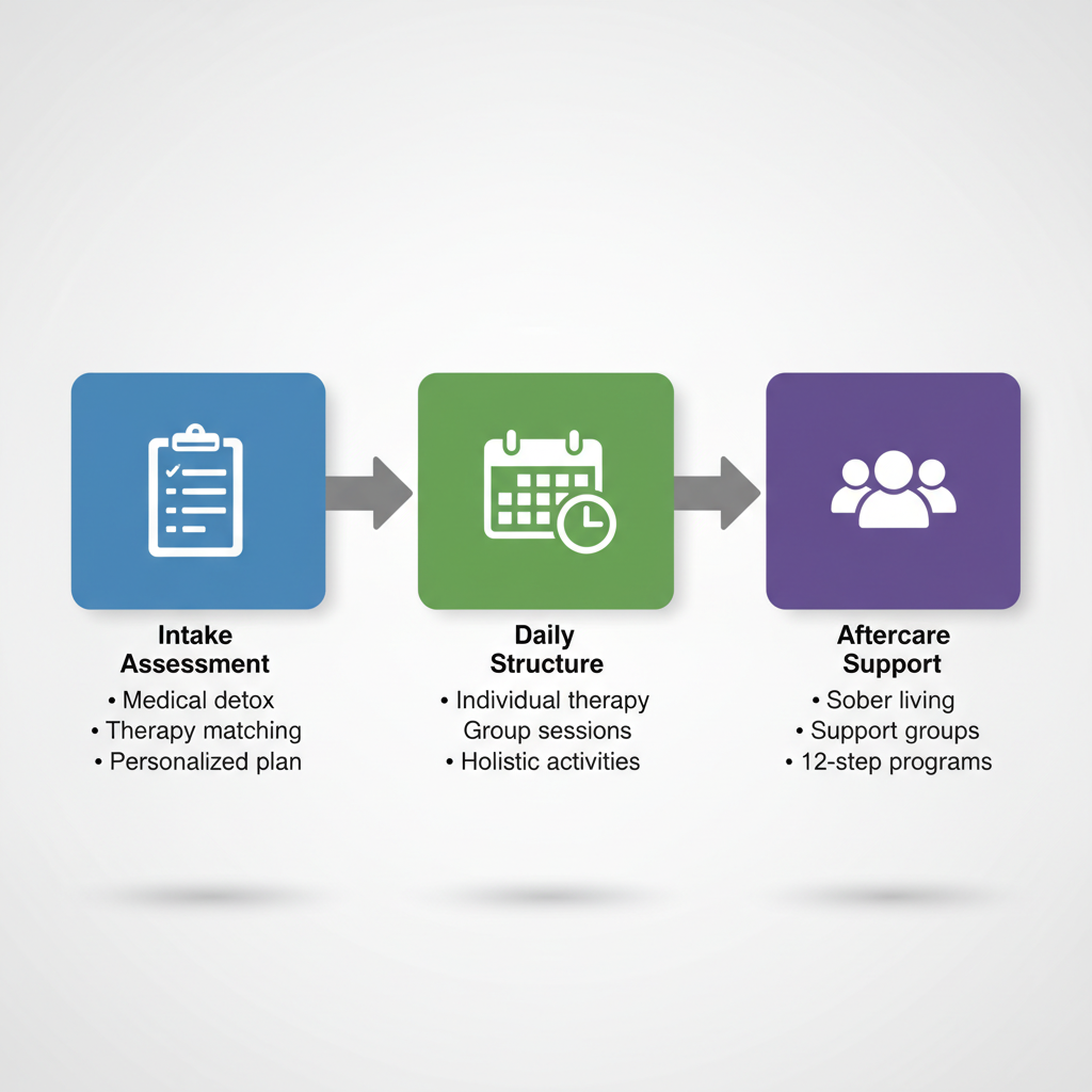 Horizontal process flow diagram illustrating the three main stages of addiction treatment in Pittsburgh: intake assessment, daily structure in inpatient vs outpatient, and aftercare support.