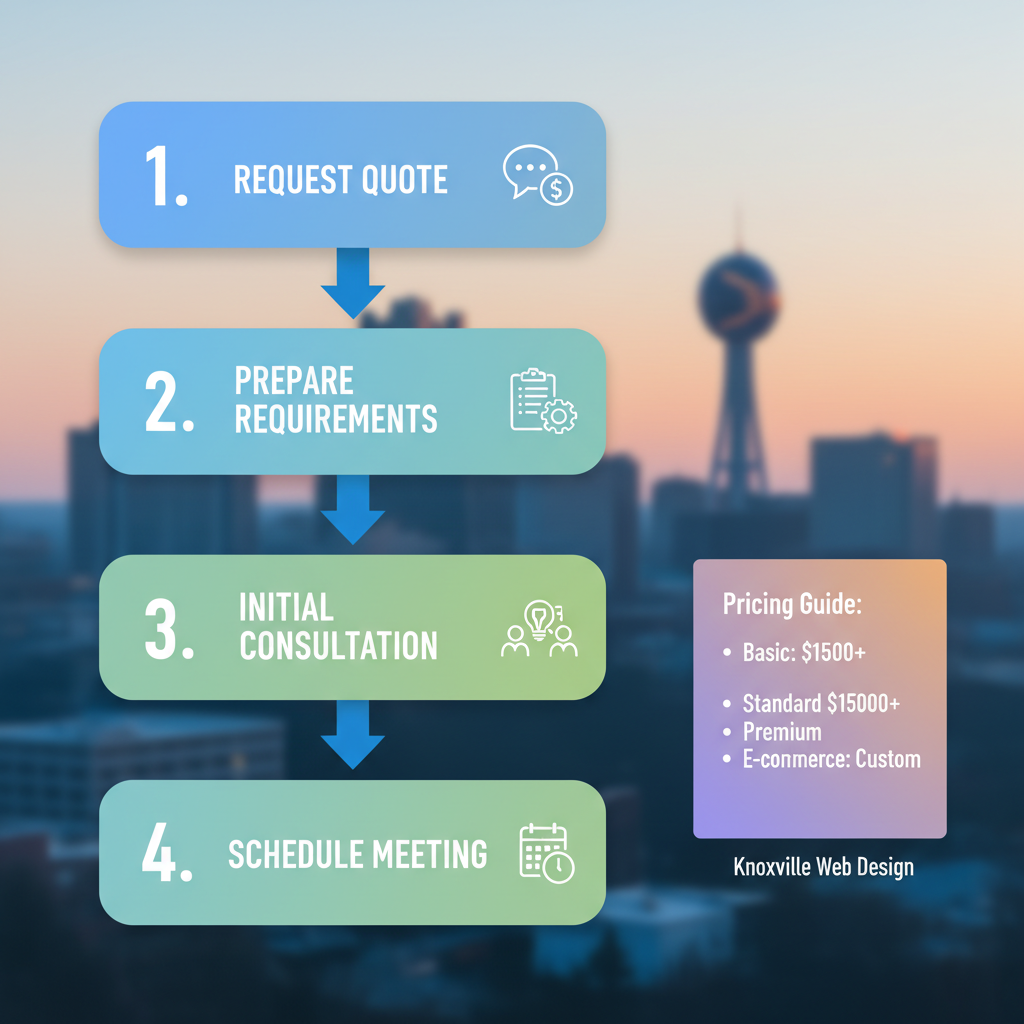 Vertical process flow diagram illustrating the four steps to start a web design project in Knoxville: request quote, prepare requirements, initial consultation, and schedule meeting.