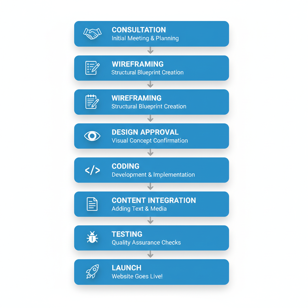 Vertical process flow diagram illustrating seven stages of website design and development process