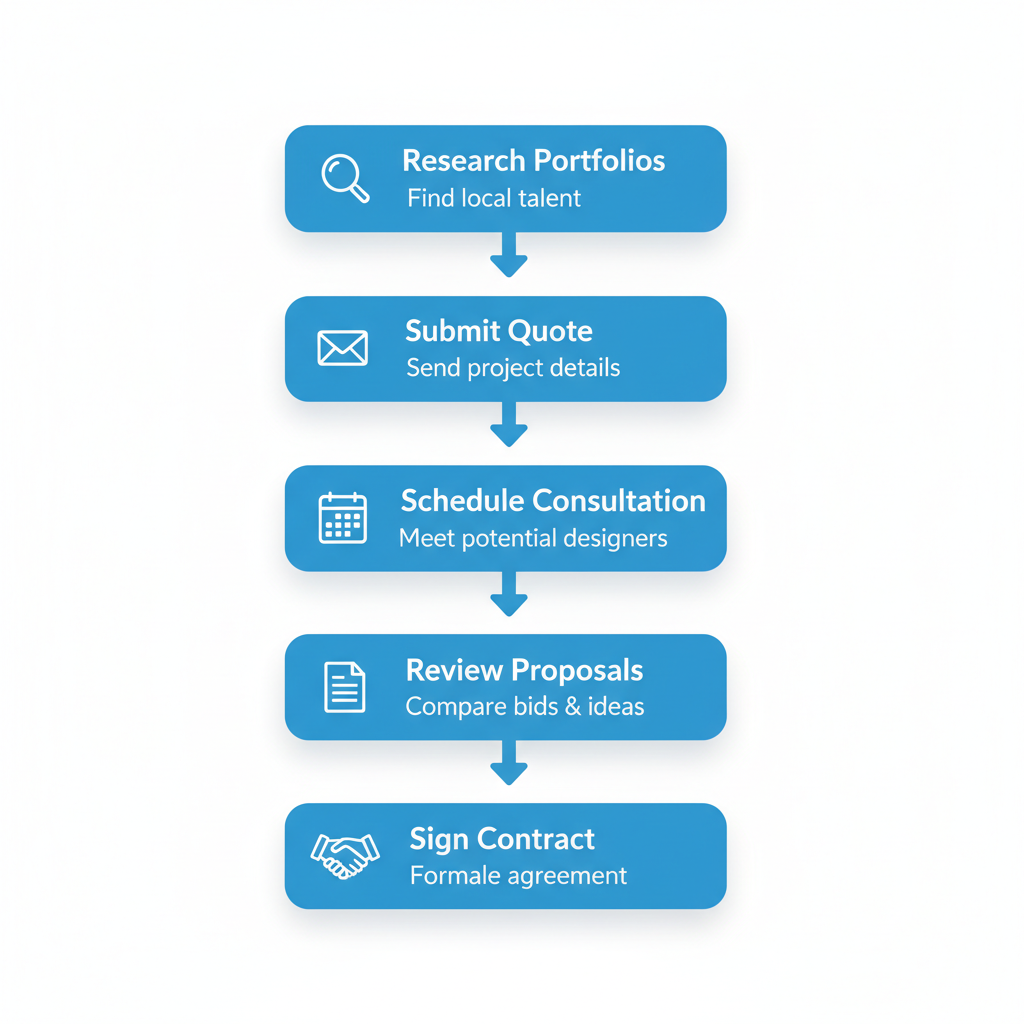Vertical process flow diagram illustrating five steps to hire a local website designer with icons and minimal labels