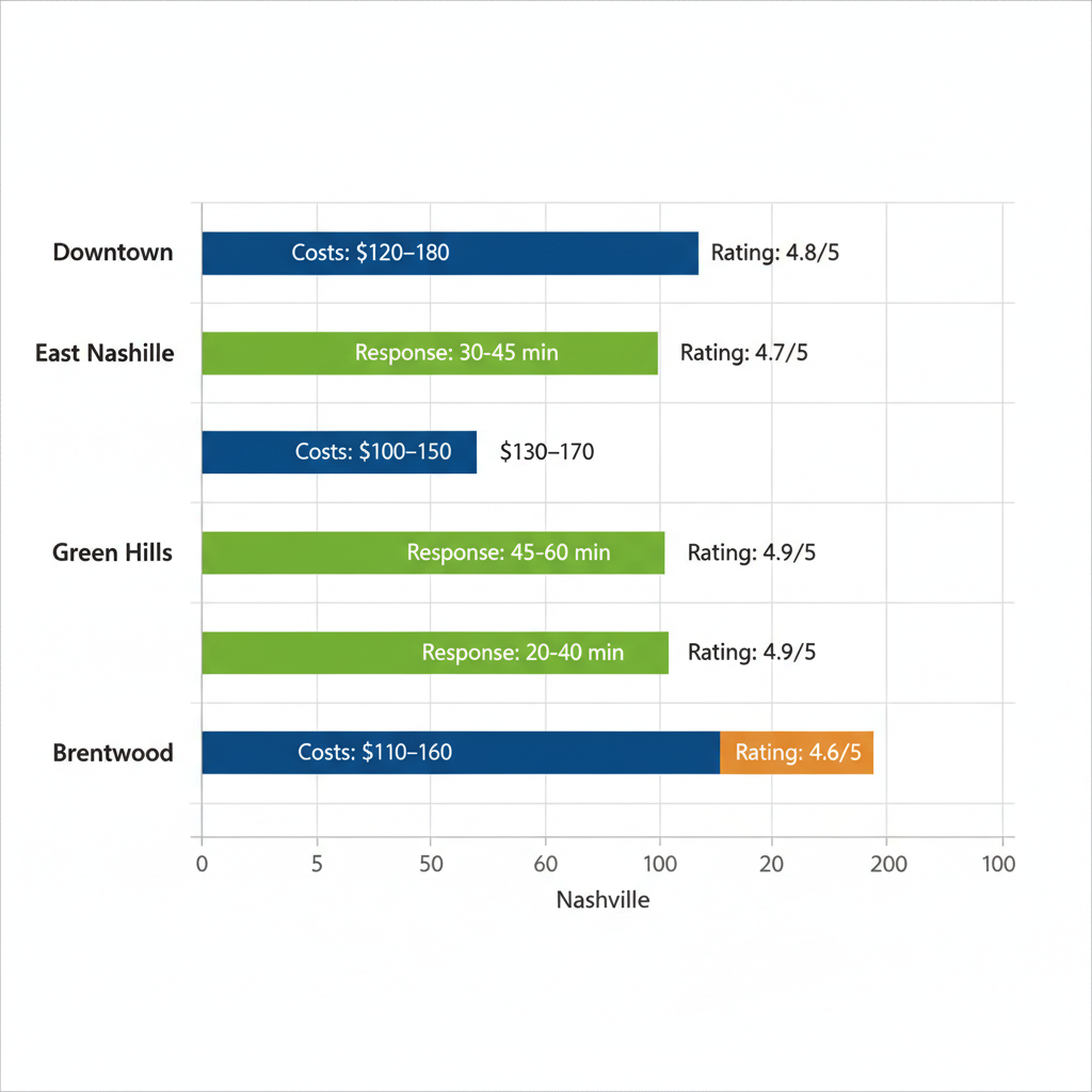 Bar chart comparing plumbing service costs, response times, and ratings across Nashville neighborhoods