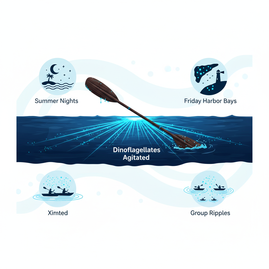 Infographic illustrating bioluminescence during guided kayak tours in San Juan Islands