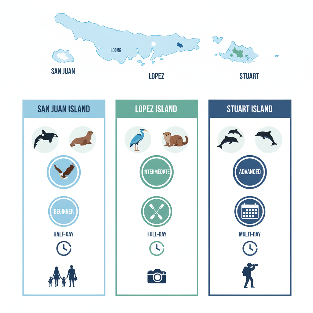 Colorful infographic comparing kayaking spots in San Juan Islands: beginner half-day San Juan mainland with wildlife icons, intermediate full-day Lopez shores for birdwatching, advanced multi-day Stuart Island expeditions.