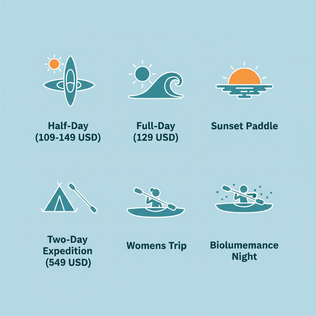 2x3 grid of flat teal-blue icons with white outlines on light blue background, depicting kayak tour options: half-day with sun, full-day with sun and wave, sunset silhouette, tent for expedition, female paddler, and glowing water for bioluminescence night, with short price labels below each.