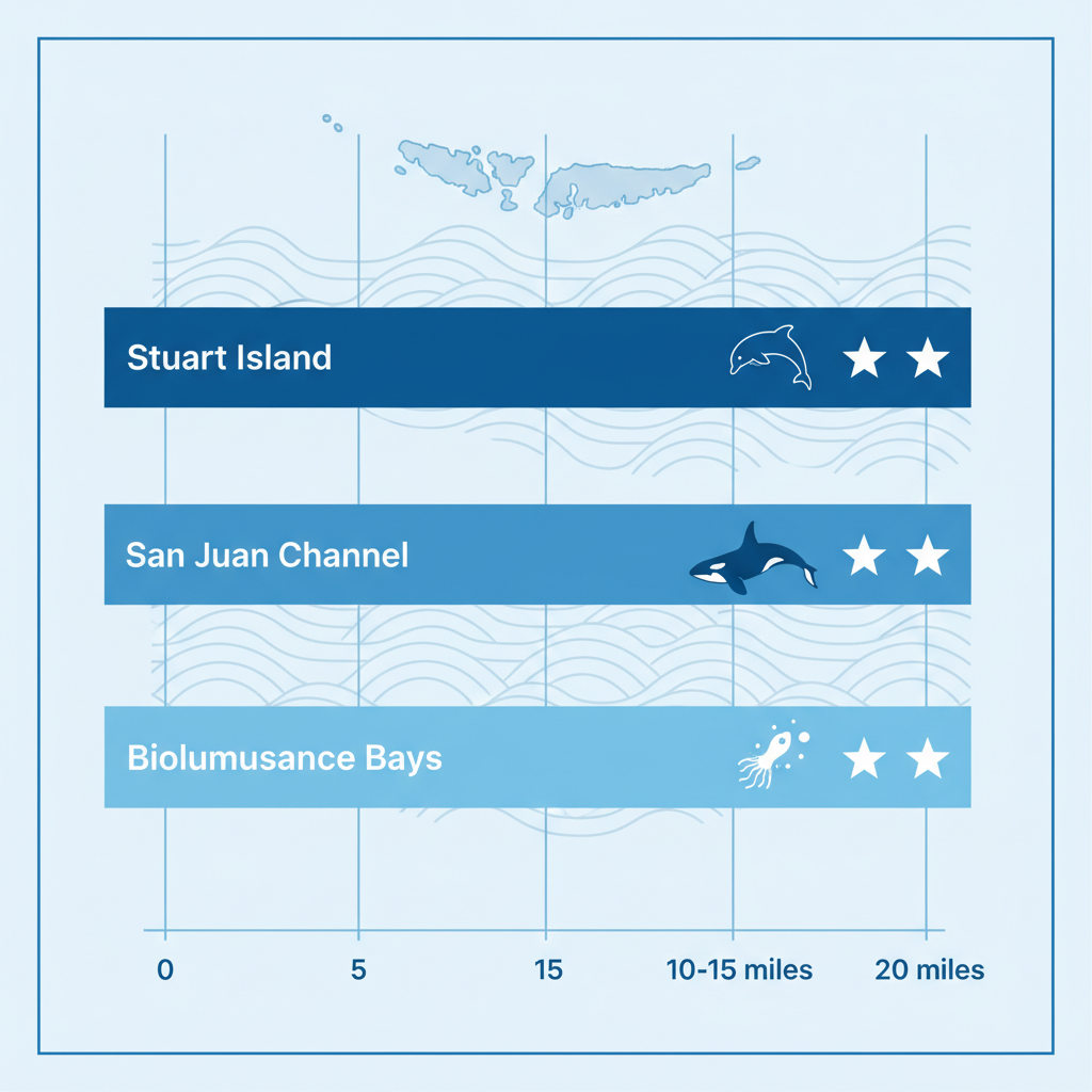 Bar chart comparing distances from Friday Harbor to key kayaking spots in San Juan Islands with wildlife icons and difficulty stars