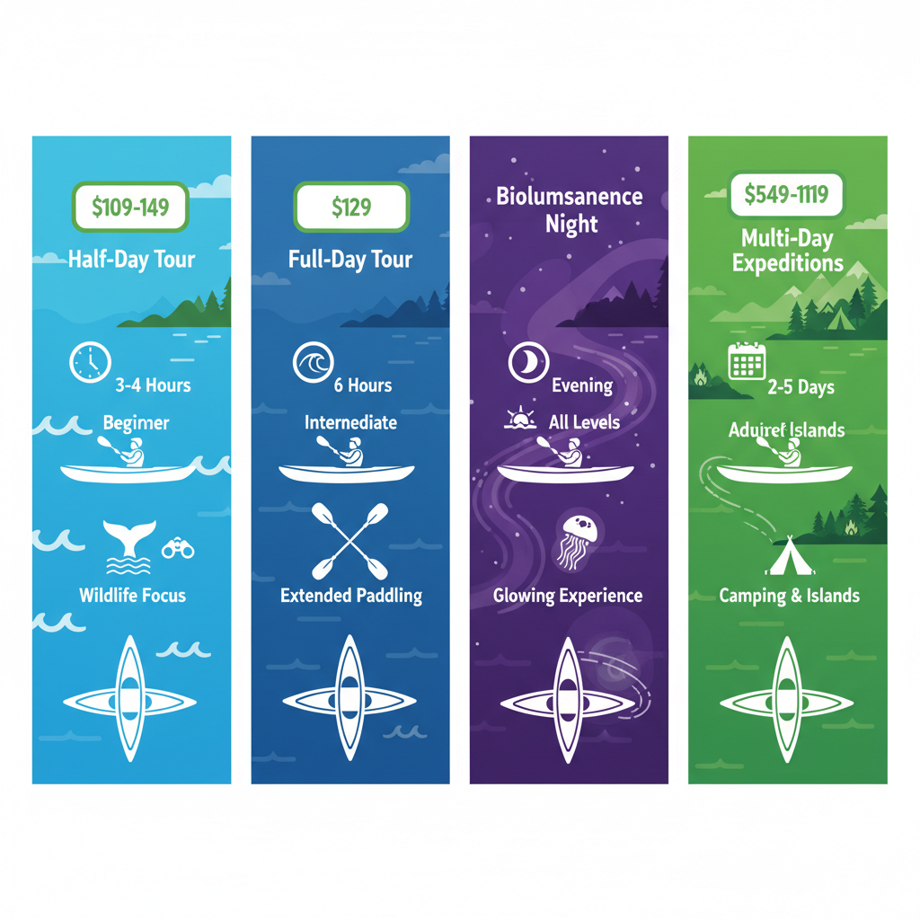 Infographic outlining four kayak tour options in San Juan Islands including half-day, full-day, bioluminescence night, and multi-day expeditions with prices, durations, and skill levels.