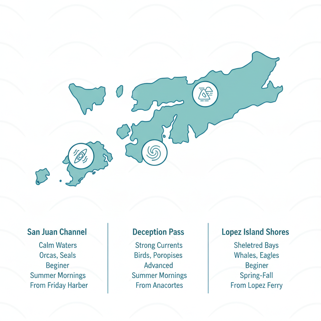 Infographic comparing kayaking spots in San Juan Islands including San Juan Channel, Deception Pass, and Lopez Island Shores with icons, wildlife details, suitability levels, and distances from Friday Harbor