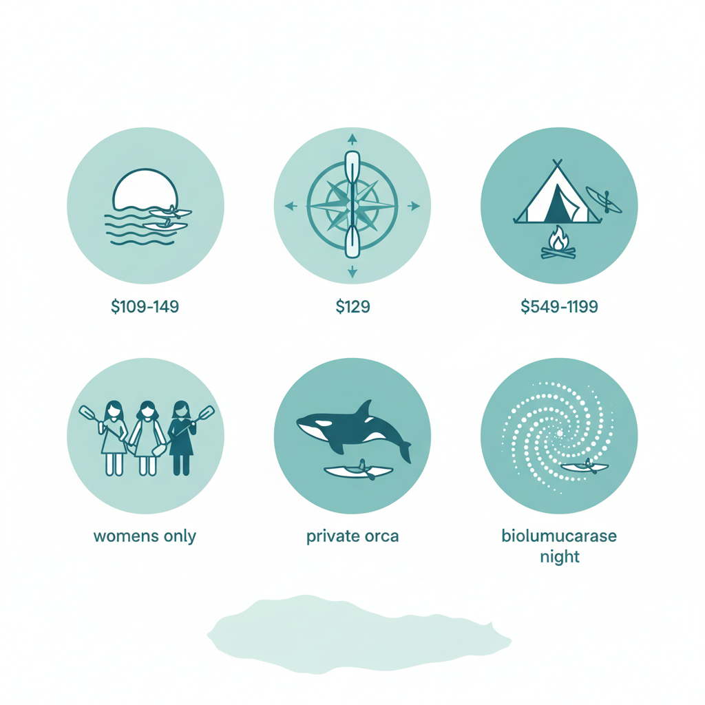 Grid of icons showing kayak tour options: sunrise paddle, full-day exploration, multi-day camping, women's trips, private orca tours, bioluminescence nights.