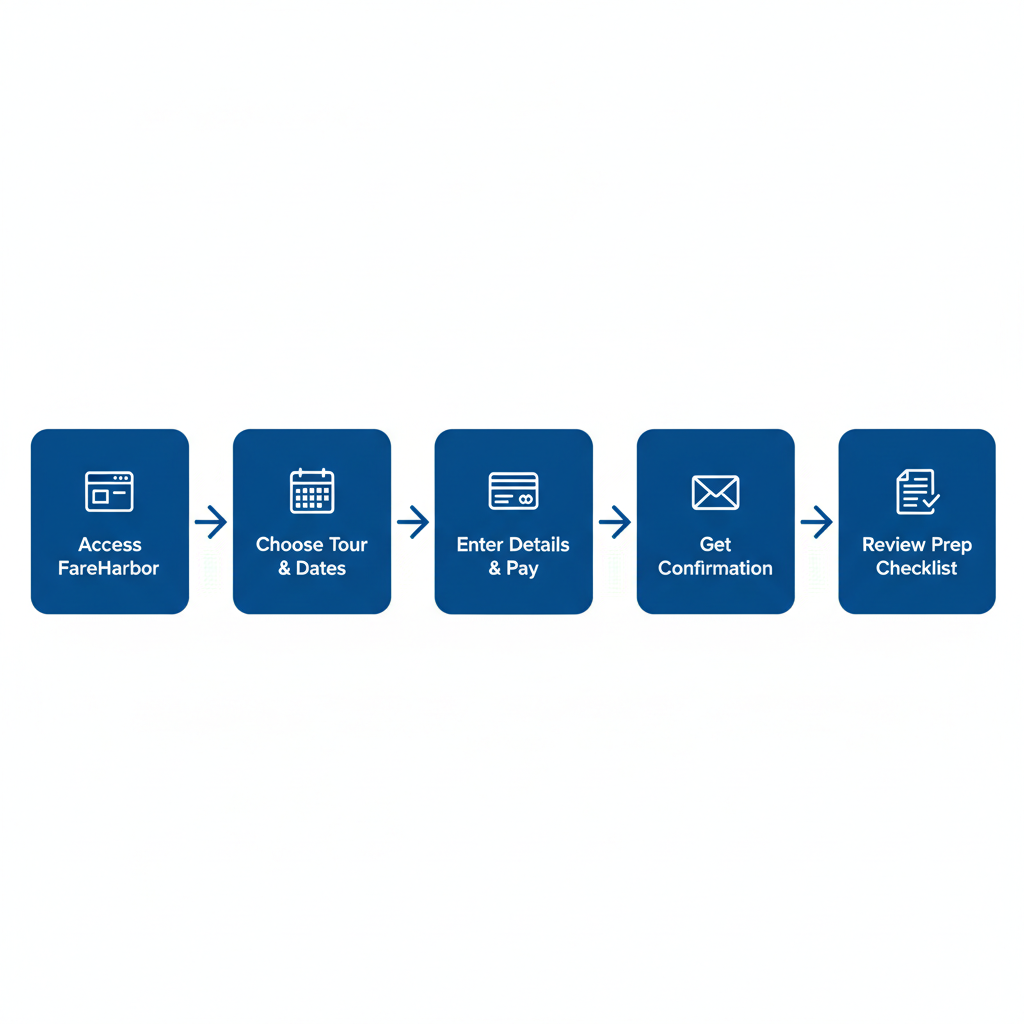 Horizontal process flow diagram illustrating the five-step booking process for a Sea Quest whale watching kayak tour: accessing the site, selecting tour and dates, entering details and payment, receiving confirmation, and reviewing preparation checklist.
