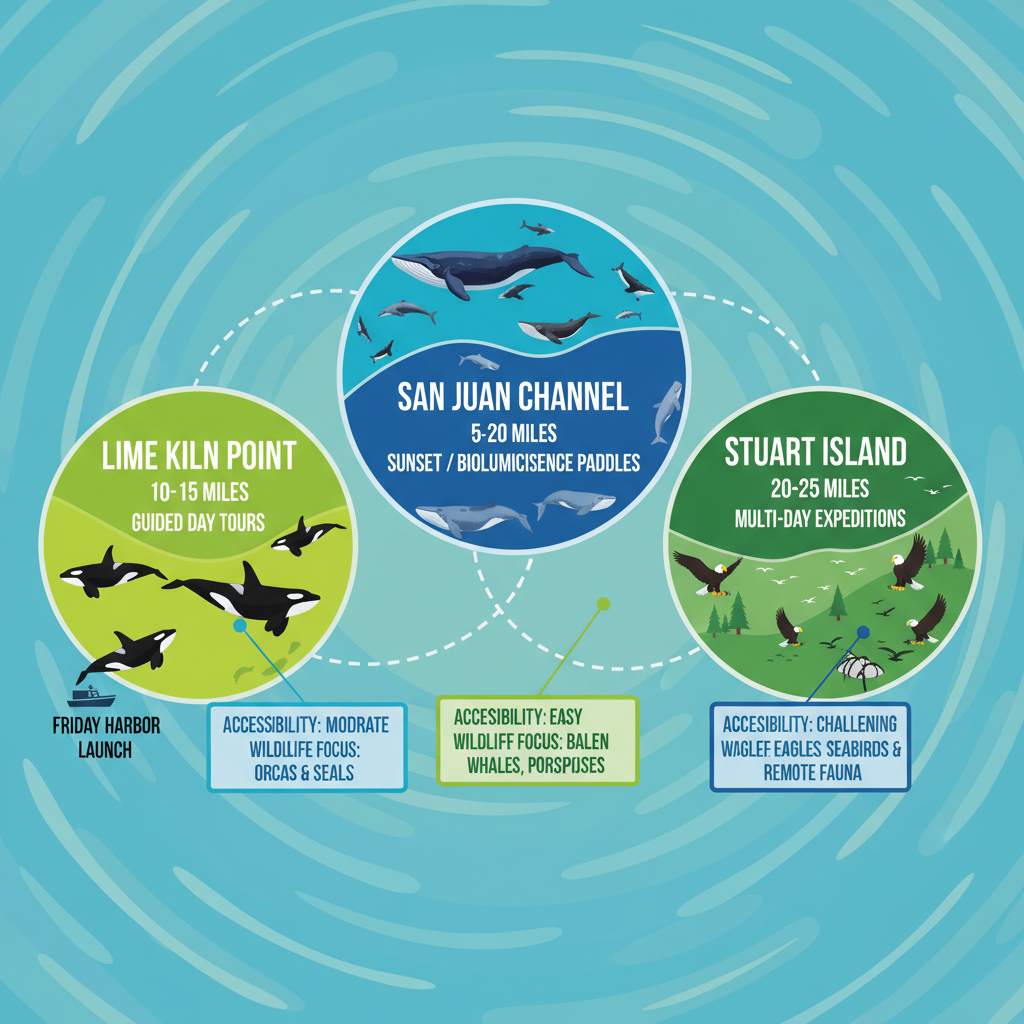 Colorful infographic map of San Juan Islands showing prime whale watching locations for kayak tours from Friday Harbor