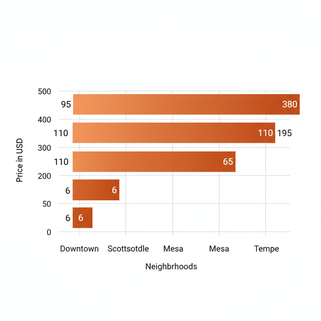 Horizontal bar chart comparing photography pricing ranges in Phoenix neighborhoods: Downtown, Scottsdale, Mesa, and Tempe.