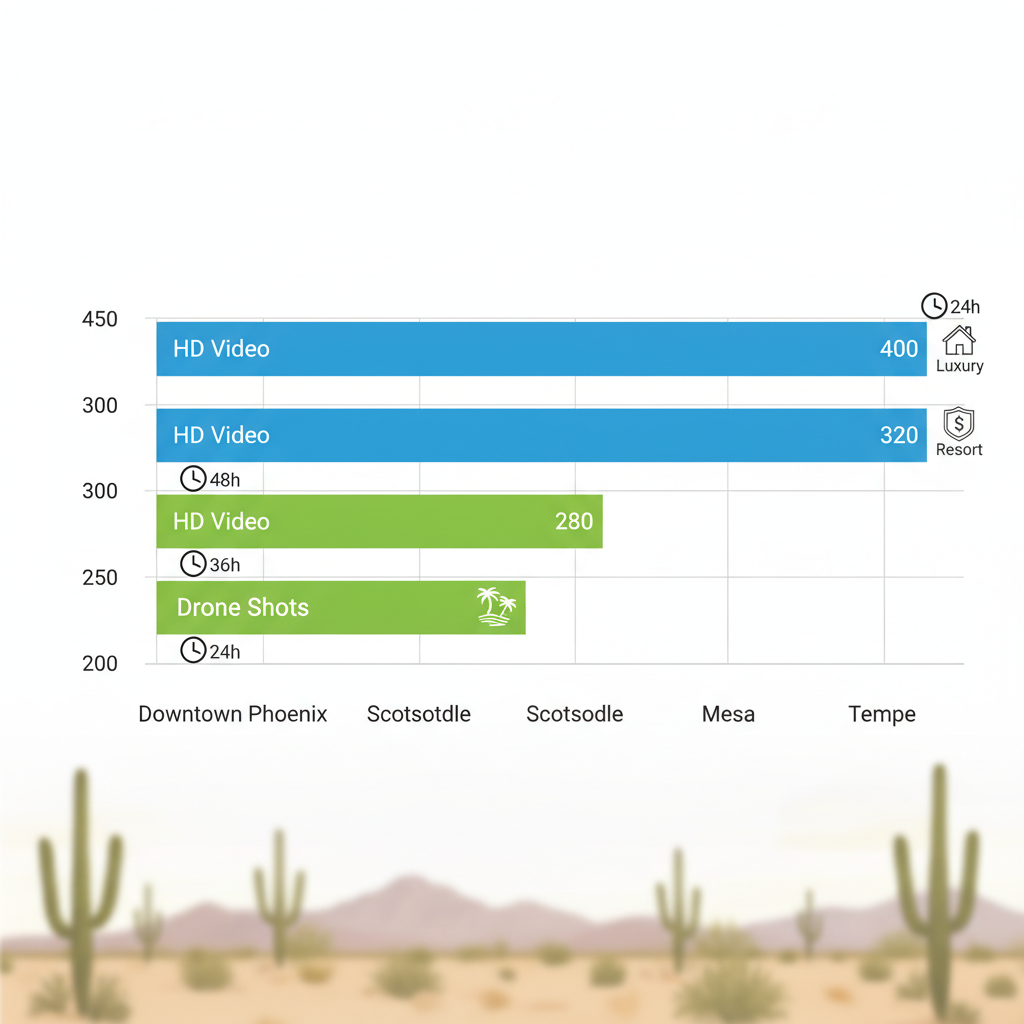 Comparison infographic of real estate videography pricing and services across Phoenix neighborhoods including Downtown, Scottsdale, Mesa, and Tempe.