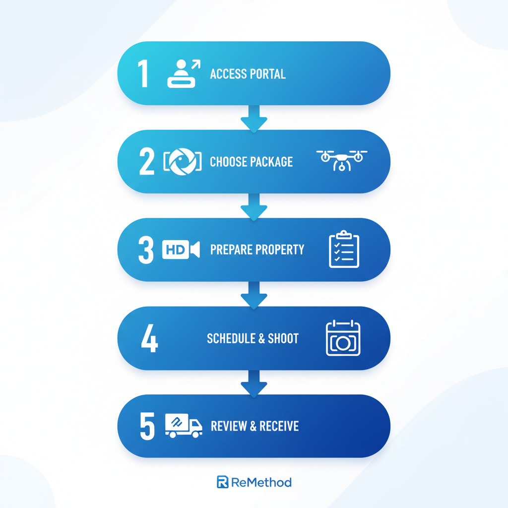 Vertical process flow chart showing five steps to begin videography services for Phoenix real estate listings