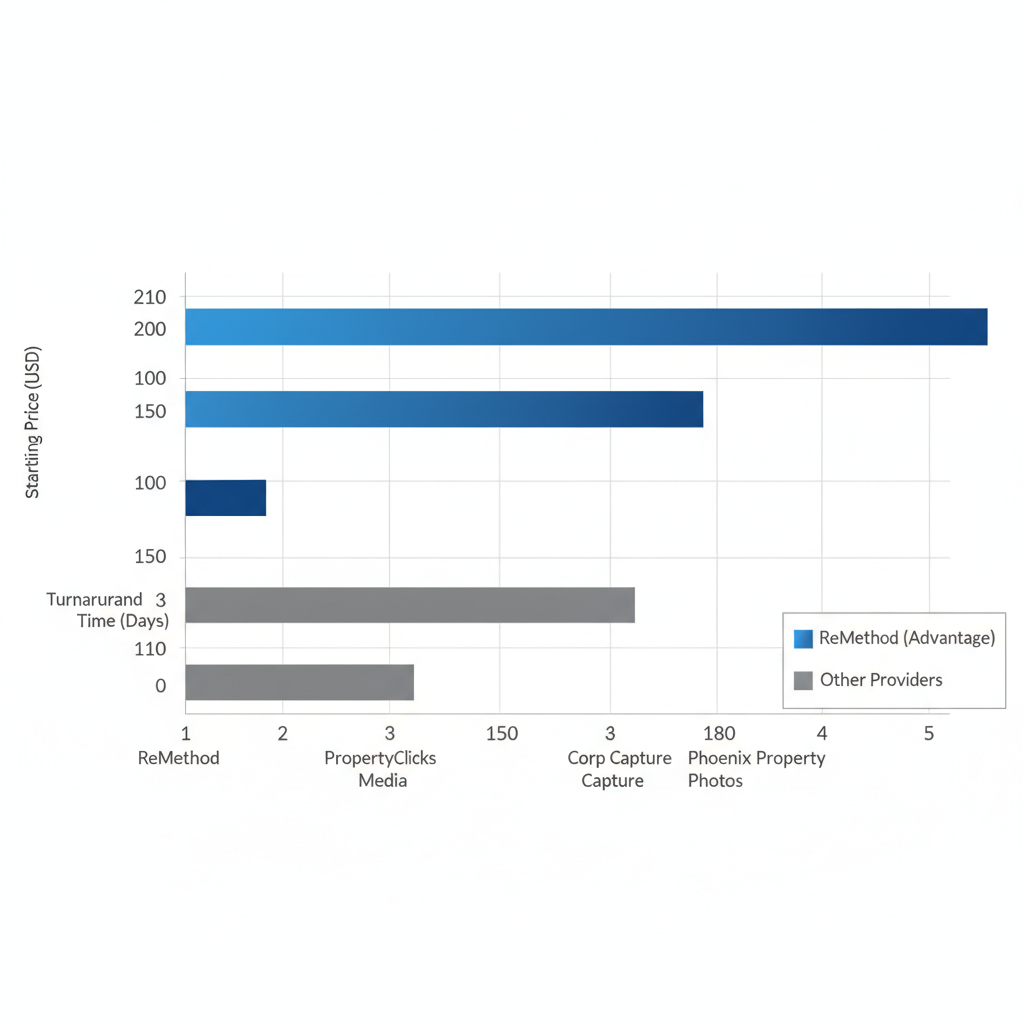 Horizontal bar chart comparing Phoenix real estate photography providers by price and turnaround time