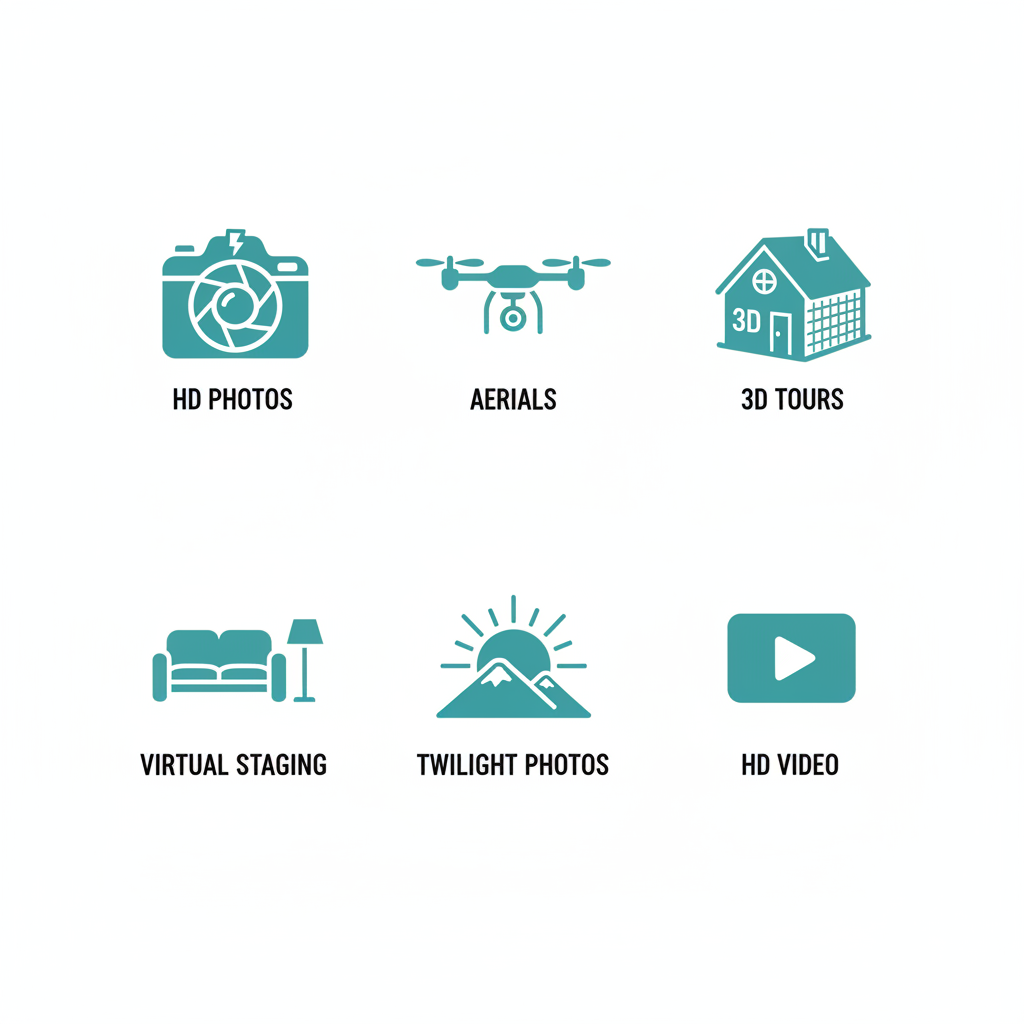Grid of icons showing ReMethod's media services: HD photos, drone aerials, 3D tours, virtual staging, twilight photography, and HD video for Phoenix properties.