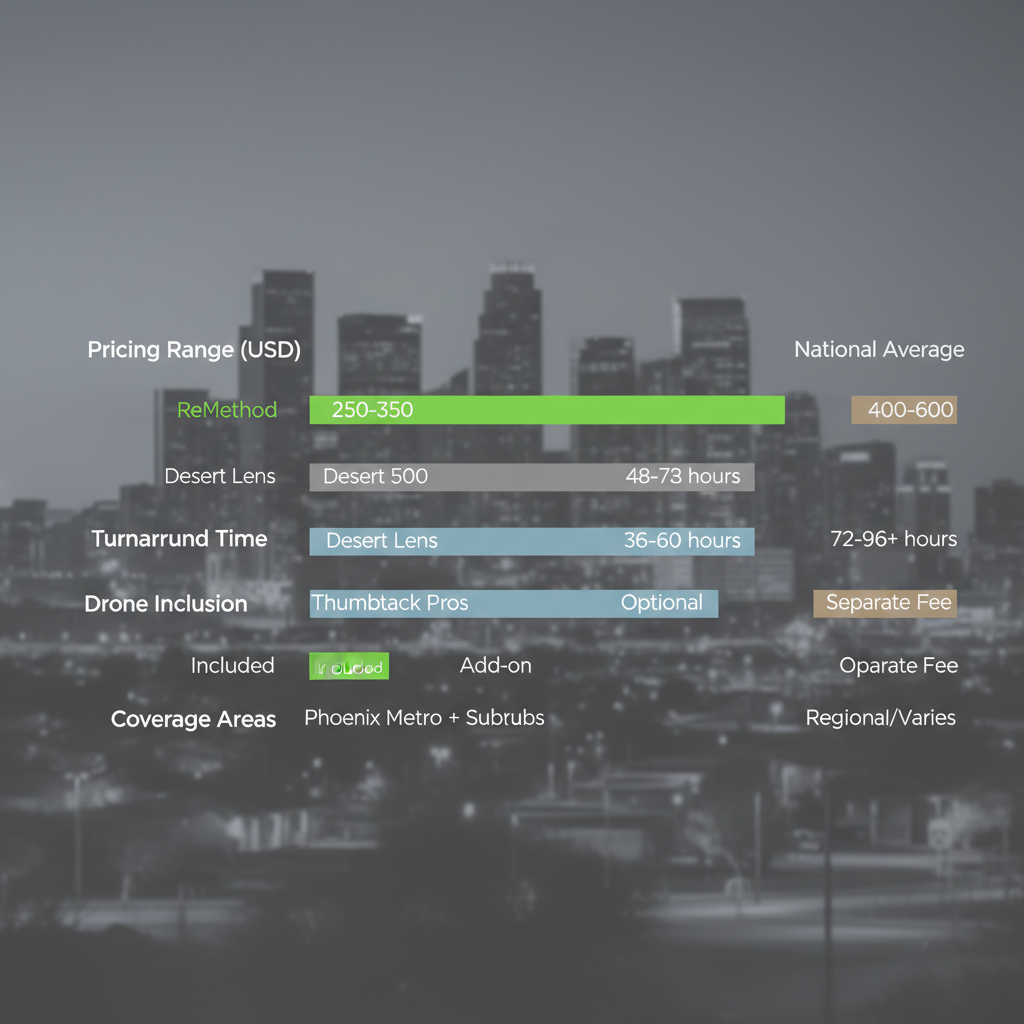 Horizontal bar chart comparing Phoenix videography providers on pricing, turnaround time, drone inclusion, and coverage areas, highlighting ReMethod advantages