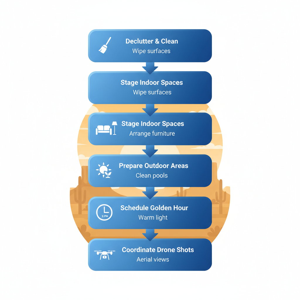 Vertical process flow diagram outlining five preparation stages for Phoenix property videography: decluttering, indoor staging, outdoor preparation, golden hour scheduling, and drone coordination.