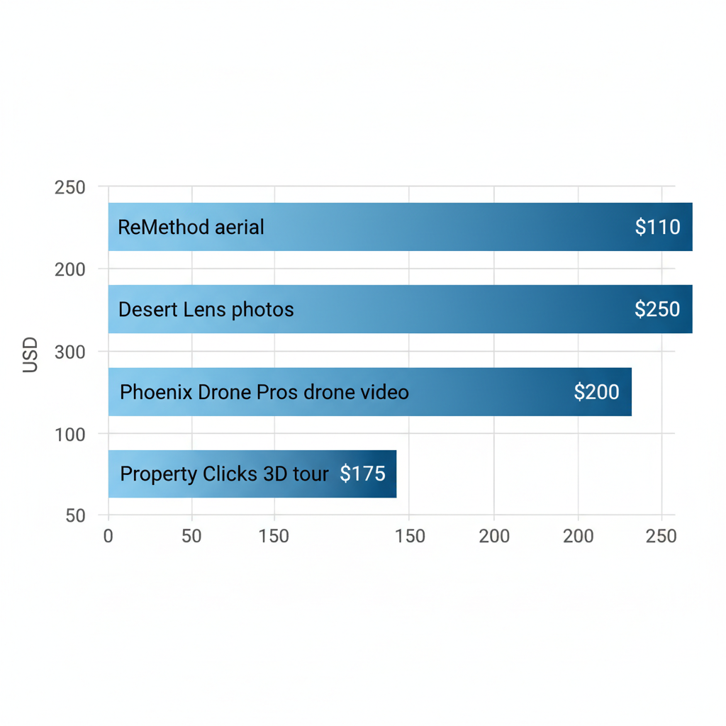 Horizontal bar chart comparing starting prices of Phoenix real estate media providers: ReMethod aerial at $110, Desert Lens photos at $150, Phoenix Drone Pros drone video at $200, Property Clicks 3D tour at $175, with gradient blue bars and grid lines.
