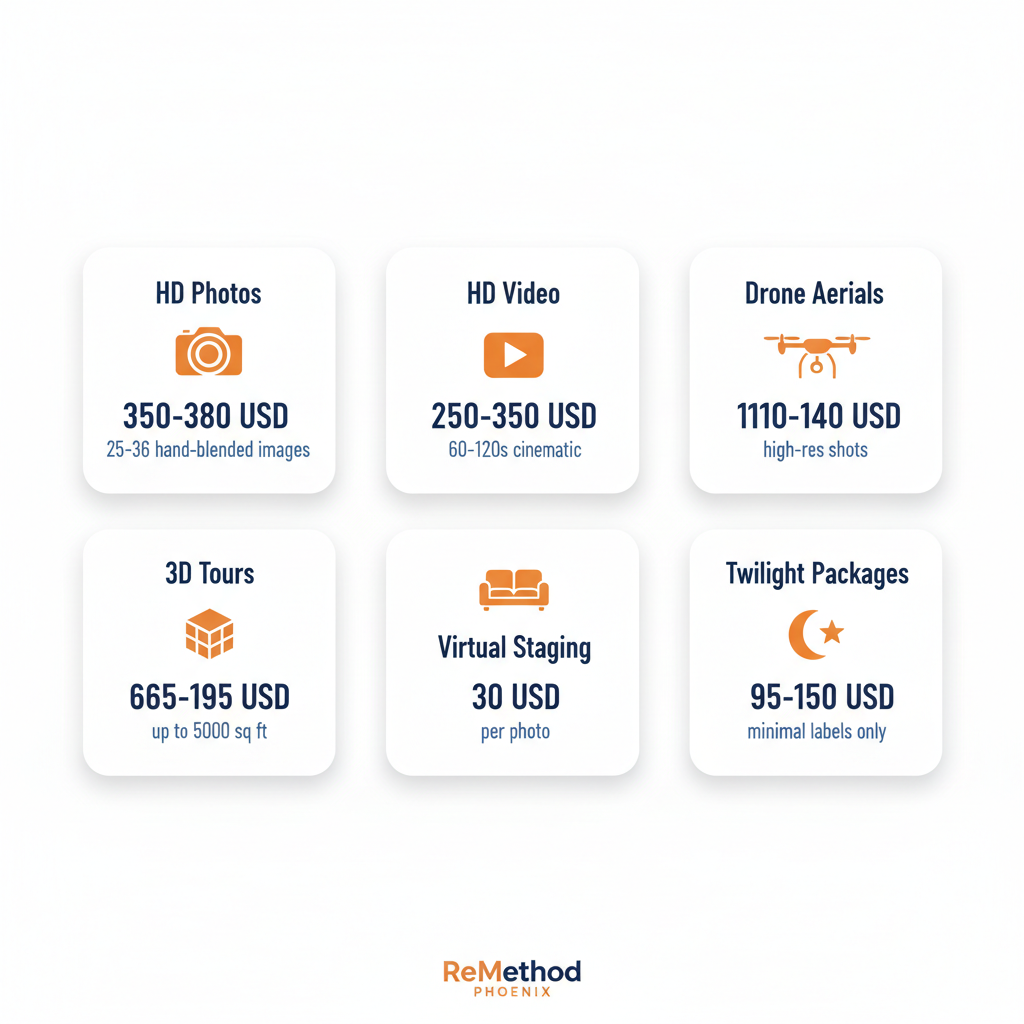 Infographic illustrating ReMethod's Phoenix real estate media services including HD photos, video, drone aerials, 3D tours, virtual staging, and twilight packages with pricing and features.