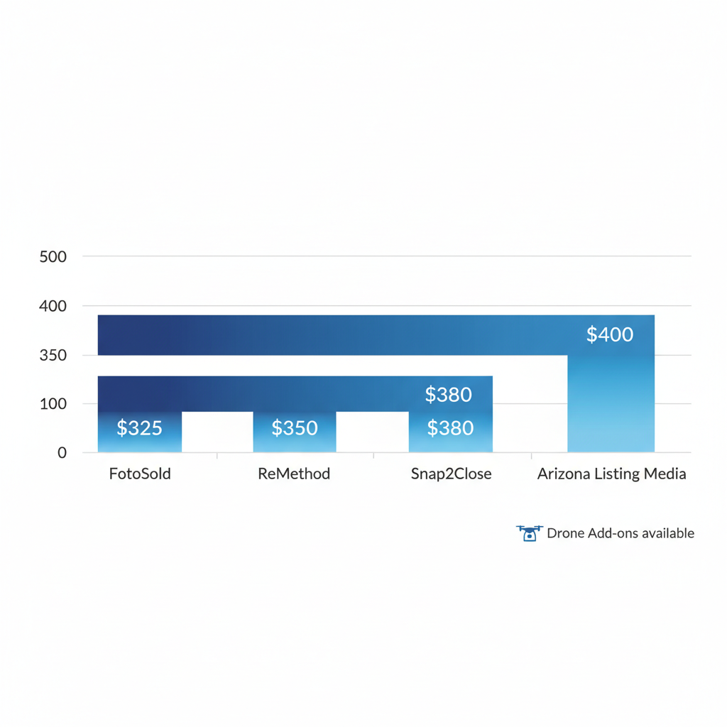 Horizontal bar chart comparing starting prices for HD photo packages among Phoenix providers: FotoSold at $325, ReMethod at $350, Snap2Close at $380, and Arizona Listing Media at $400.