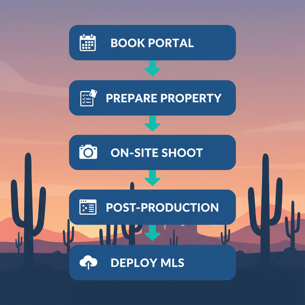 Vertical process flow diagram showing five steps to launch a Phoenix property virtual tour with icons and connections.