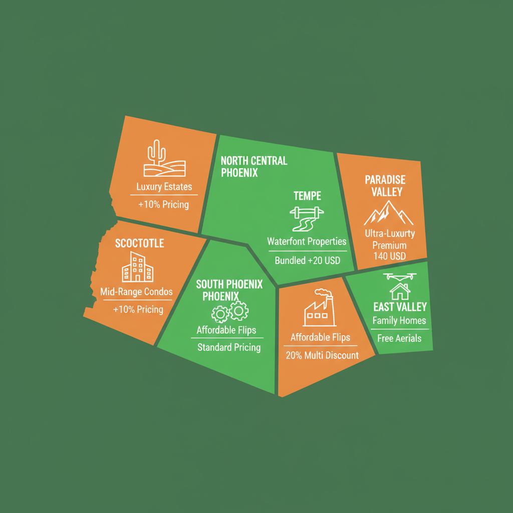 Infographic map of Phoenix neighborhoods comparing drone photography suitability with icons and pricing details