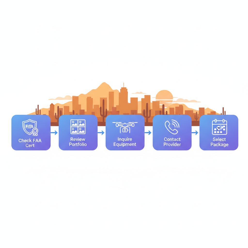 Horizontal process flow diagram showing five steps to hire drone photographers in Phoenix with icons and connections.