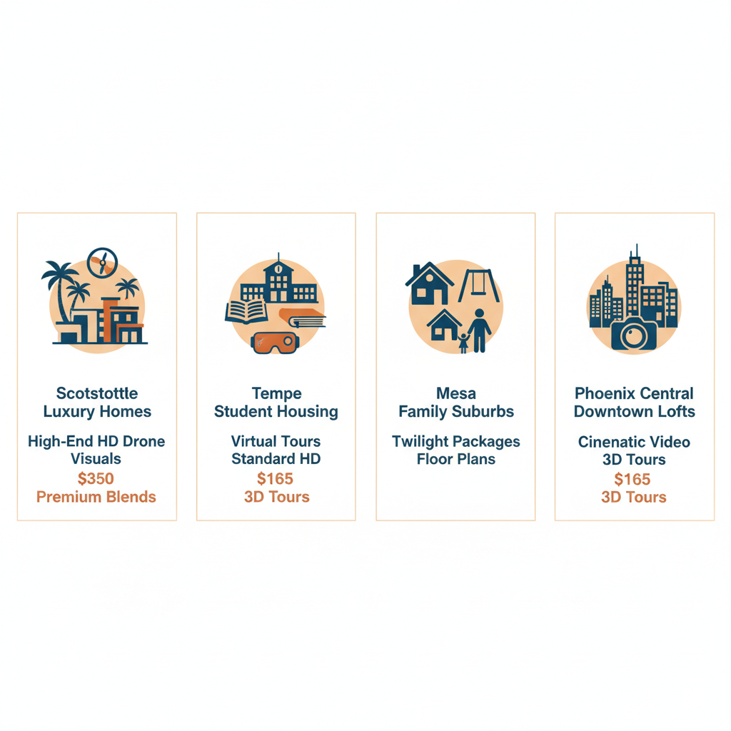 Infographic comparing real estate photography needs and pricing in Phoenix neighborhoods: Scottsdale, Tempe, Mesa, and Central Phoenix