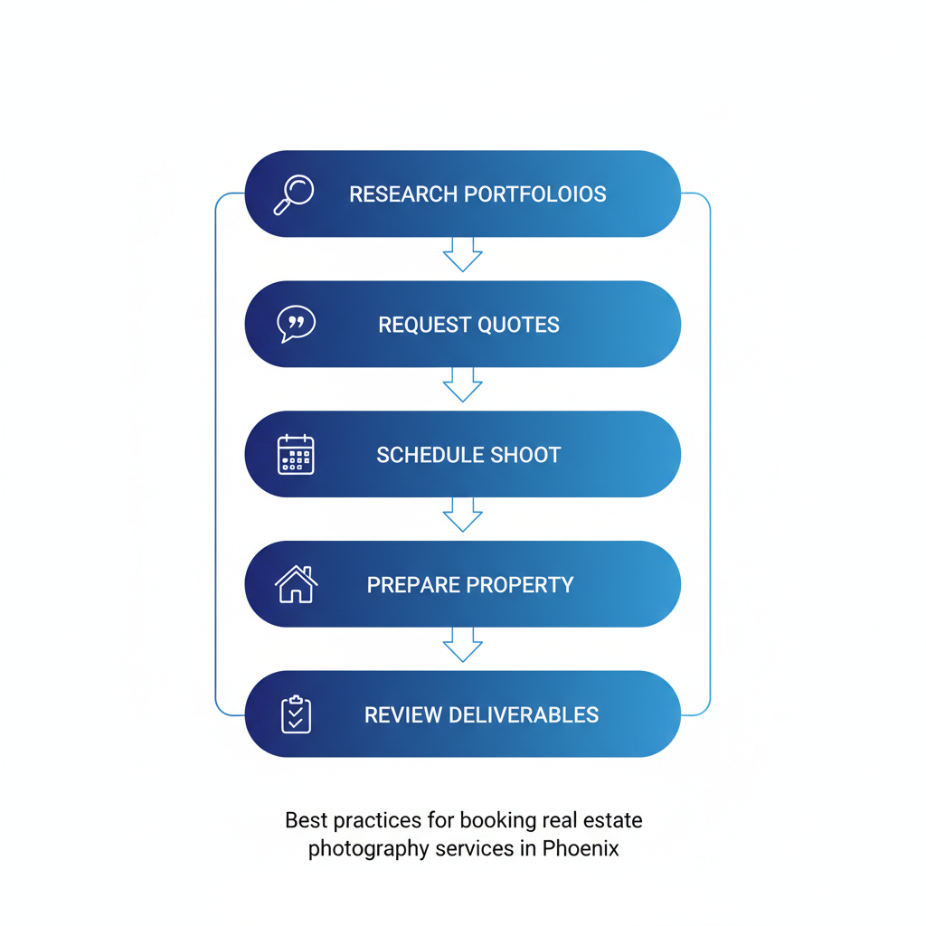 Vertical process flow diagram illustrating five steps to hire a Phoenix real estate photographer: research, request quotes, schedule, prepare, and review.