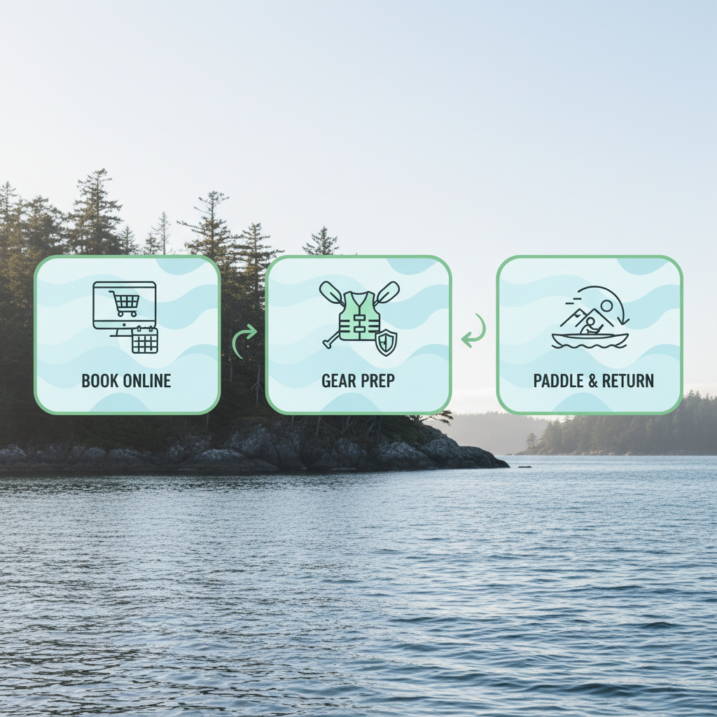Horizontal process flow diagram illustrating the kayak rental process with three stages: booking, on-site preparation, and paddling return.