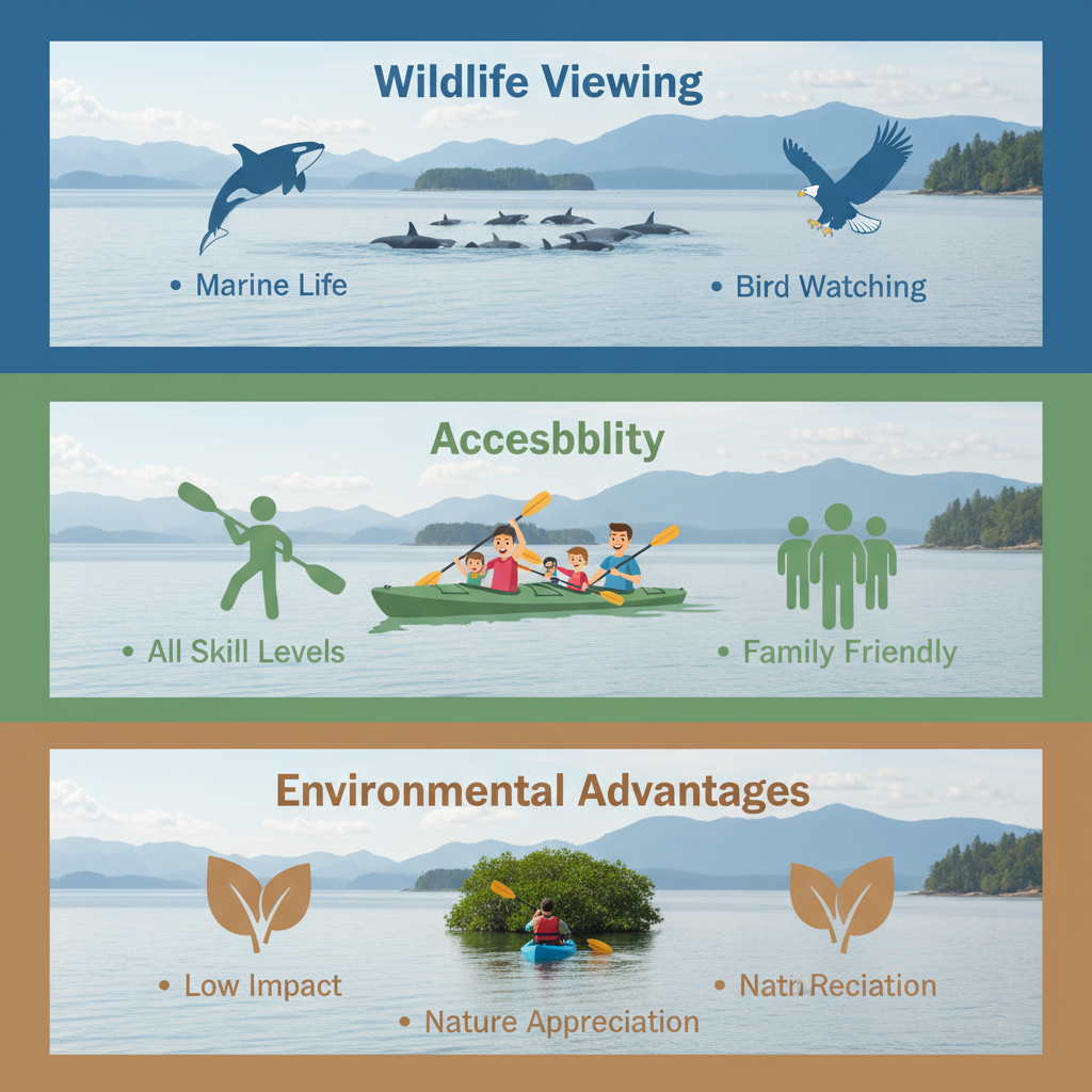 Infographic showing benefits of kayak rentals: wildlife viewing, family accessibility, and environmental advantages with icons and labels