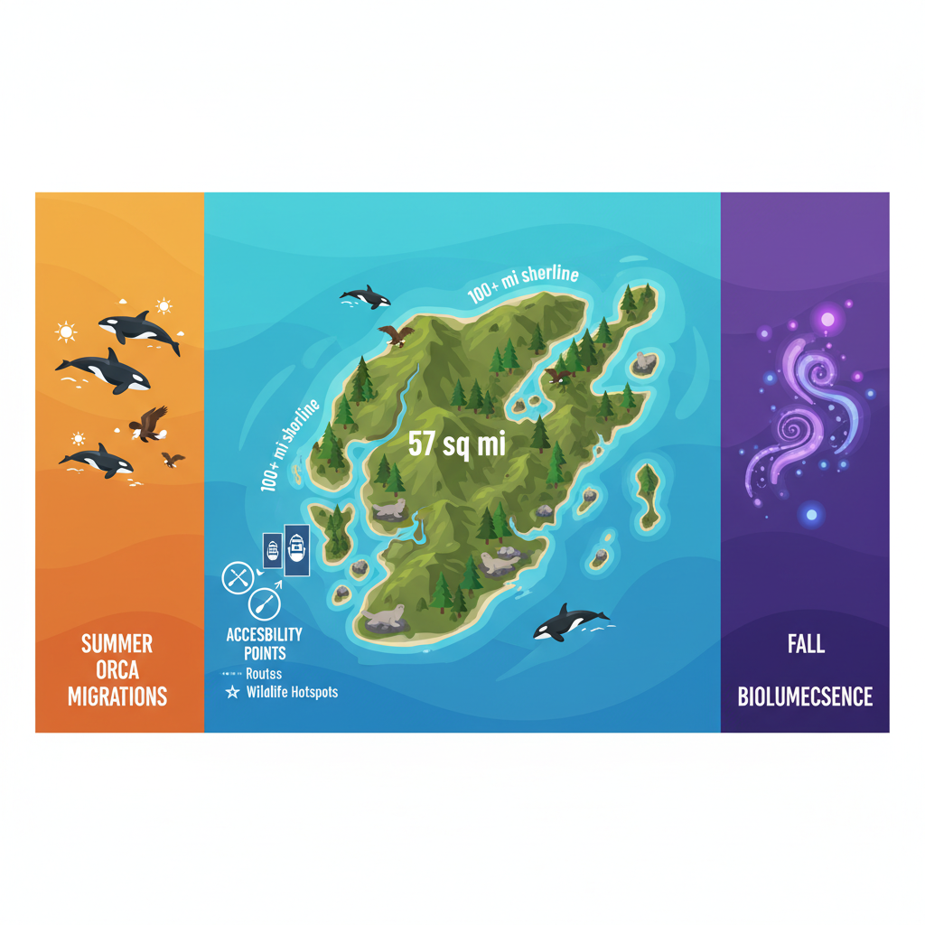 Infographic of Orcas Island's geography, ecosystems, wildlife, and seasonal kayaking highlights